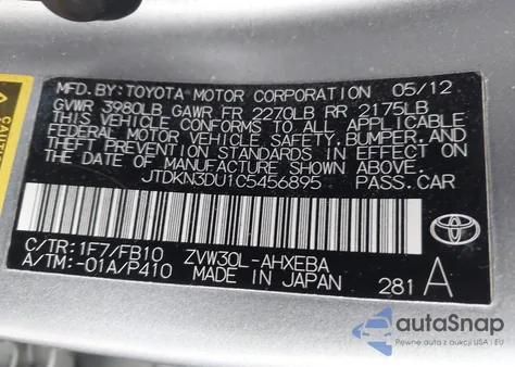 2012 Toyota Prius Three z USA, uszkodzony, nr VIN JTDKN3DU1C5456895